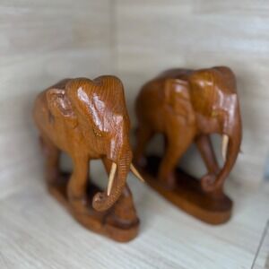 Vintage Teak Wood Elephant Figurines Pair‎ Hand Carved Animal Decor